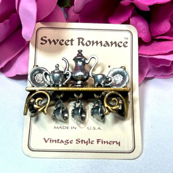 Free Shipping! New! Sweet Romance Brooch Pin Tea Cups Tea Kettle Tea Pot Shelf! - Picture 1 of 5